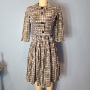 Vtg Montgomery Ward Plaid Dress Set Jacket 2Pc 1960s Peter Pan Collar Retro‎